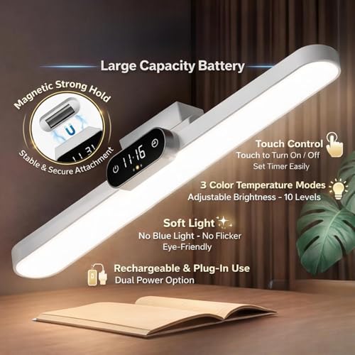 Image of One94Store Rechargeable LED Cabinet Light - Wireless Under Cabinet Lighting with Clock Display, 3 Color Dimmable Modes, 1200mAh Battery & Magnetic Mount for Kitchen, Closet & Bedroom, White