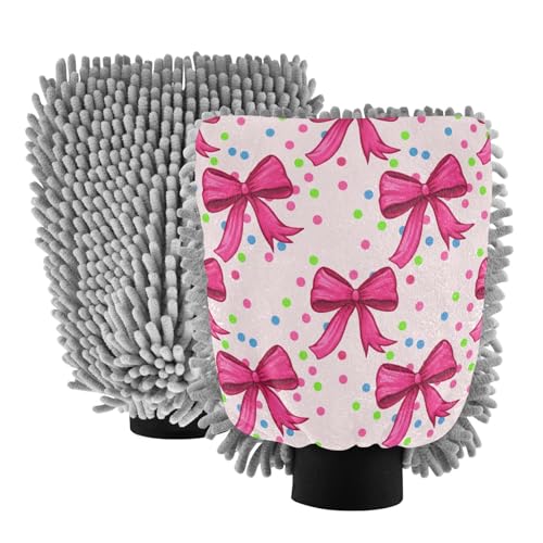 Kigai Cute Bow Ribbon Car Wash Mitt Microfiber, 2Pcs Scratch Free Lint-Free, Premium Chenille Microfiber Mitt Car Wash Brush-M