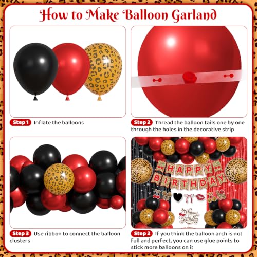 Image of Ouddy Life Cheetah Print Red and Black Balloons Birthday Decorations | Cherry Leopard Print Foil Balloons Happy Birthday Banner Fringe Curtain Bow Leopard Cake topper for Women Girls Party Decor