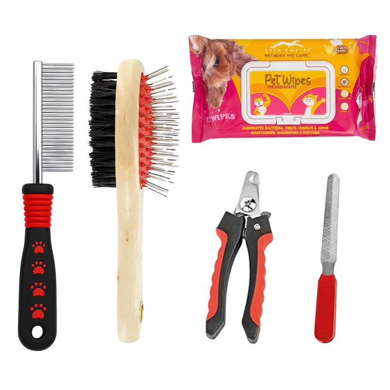 Image of Pets Empire 4-in-1 Dog & Cat Grooming Combo - Pet Wet Wipes, Self-Cleaning Slicker Brush, Silicone Bath Dispenser & Nail Clipper | Grooming Kit for All Breeds