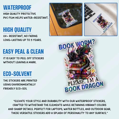 Image of (3PCs) Bookworm Please I Am A Book Dragon Sticker, Fantasy Books Stickers for Kindle Adult, Bookworm Stickers, Books Lover Gifts for Laptop Water Bottle Phone Car Helmet 3 inch (Hologram, 3in)
