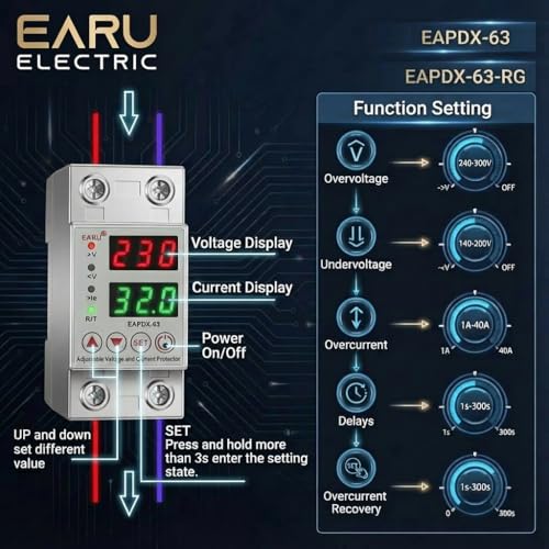 Image of EARU 63A Single Phase 220V Automatic Over /Under Voltage Protector (Adjustable Setting) | Auto Reconnect | RCBO RCCB ELCB MCB-220V | OEM 2026 Model | 3 Year Warranty
