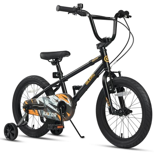Glerc Razor Bici Bambini 16 Pollici per Ragazzi 4 5 6 7 Anni Primo Stile BMX con Cavalletto & Campanello Sicurezza & Rotelle Amovibili, Negro