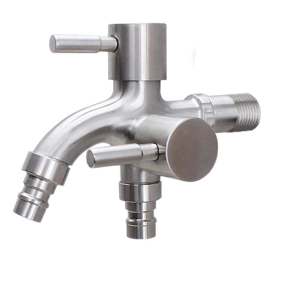 Acero Inoxidable 304 Alargado uno en Dos Salidas multifunción Doble Salida Lavadora fregona Grifo de Piscina G1/2 "(Plata)