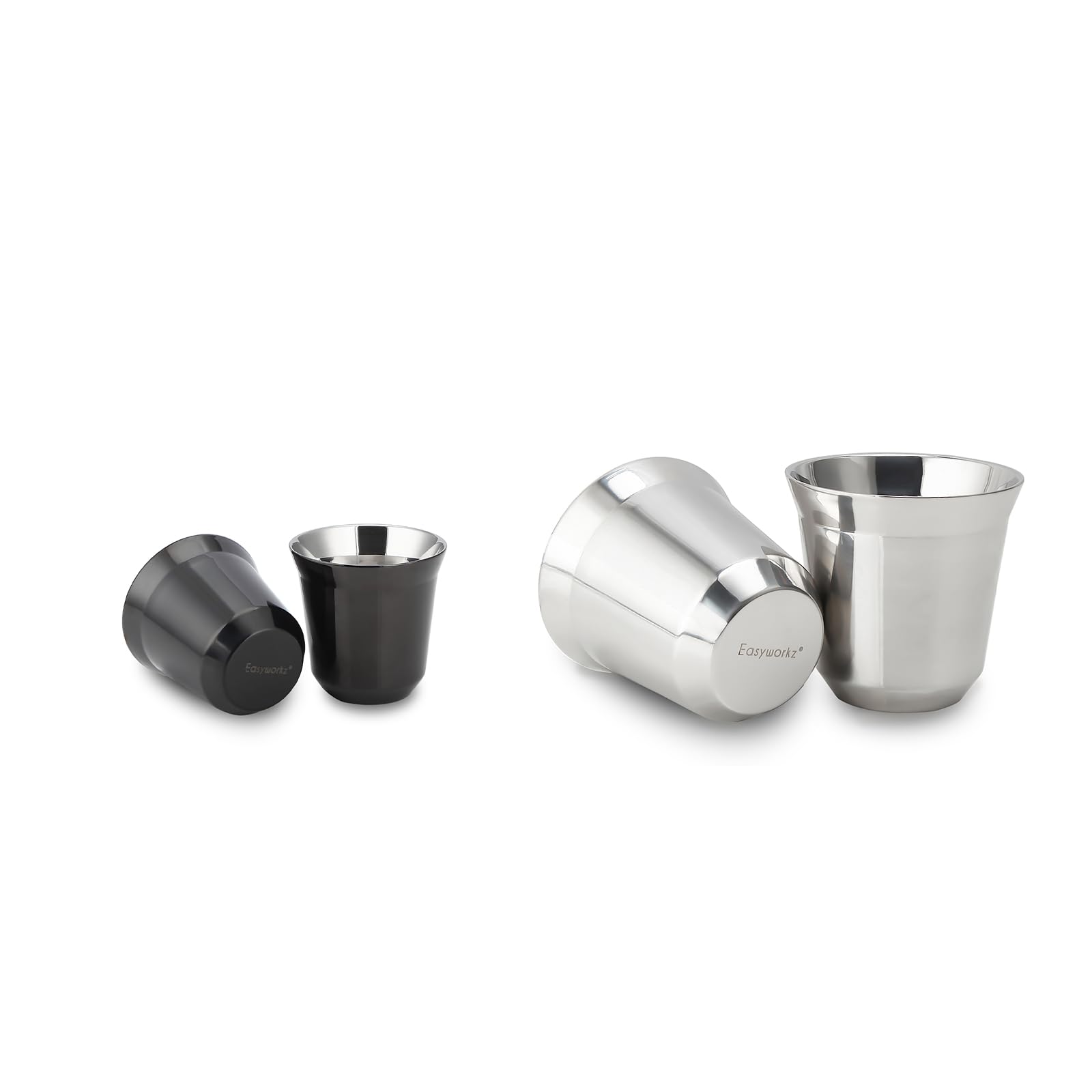 Easyworkz Stainless Steel Espresso Cup 2pcs Set Double Wall Insulated Metal Demitasse Cups 2.5 oz, Bundled with Stainless Steel Espresso Cup 2pcs Set Double Wall Cups 5 oz