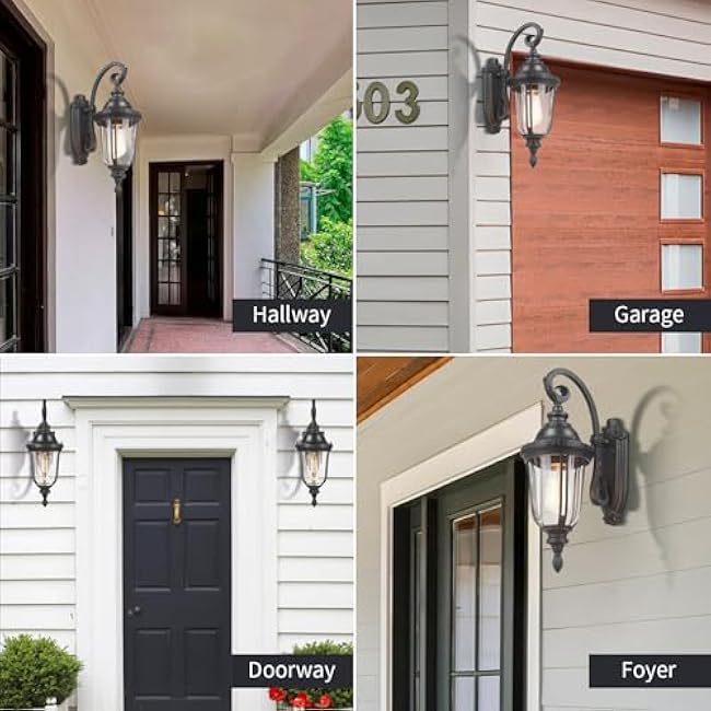 Outdoor Wall Light Fixture Black Porch Lights Outside Wall Mounted Lighting Clear Glass Shades Exterior Waterproof Lanterns Modern Outdoor Wall Sconces for Home, Yard, Patio