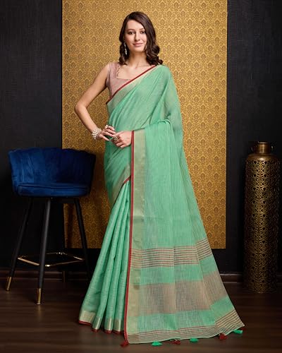 Image of SWORNOF Women's Linen Cotton Silk Saree with Unstitched Blouse Piece | Saree for Women | Saree with Blouse Piece | Soft and Skin Friendly
