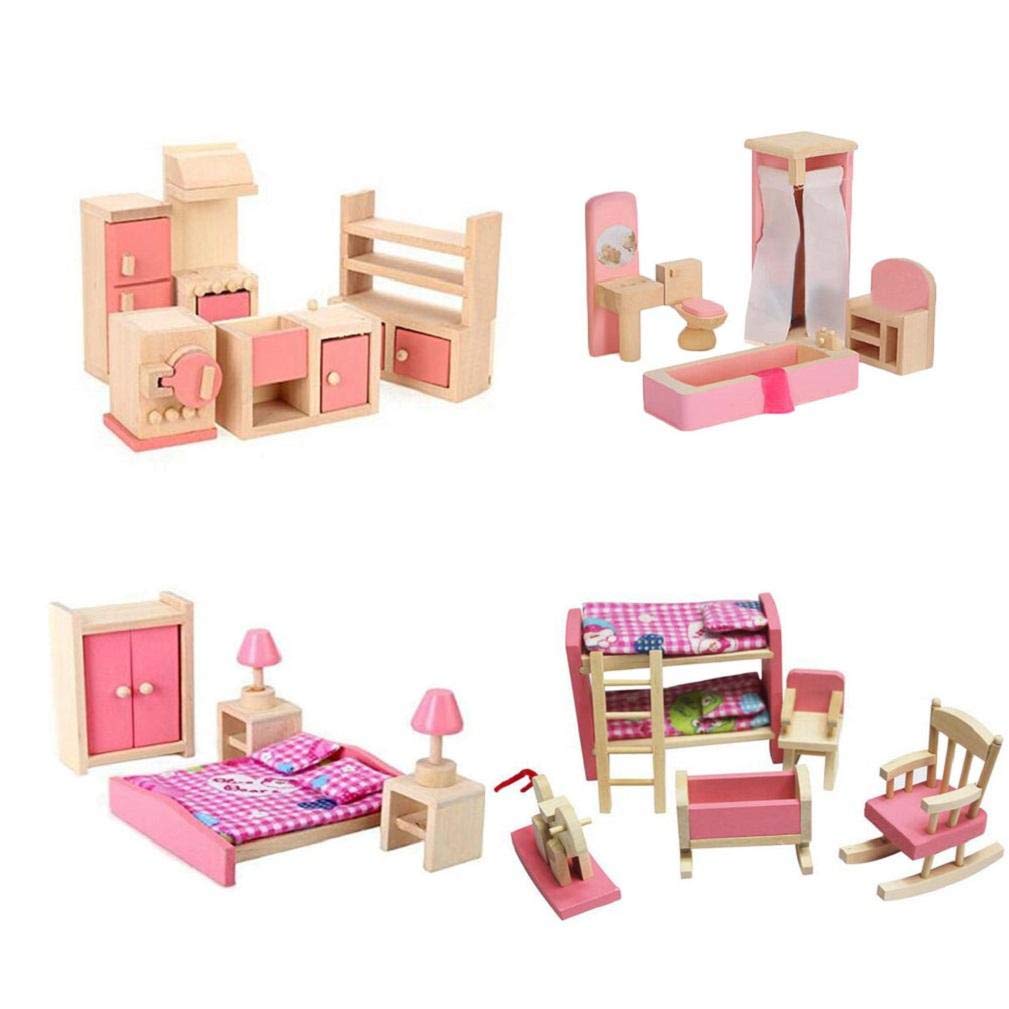 Wooden Dollhouse Furniture Toys Set ( Pink )