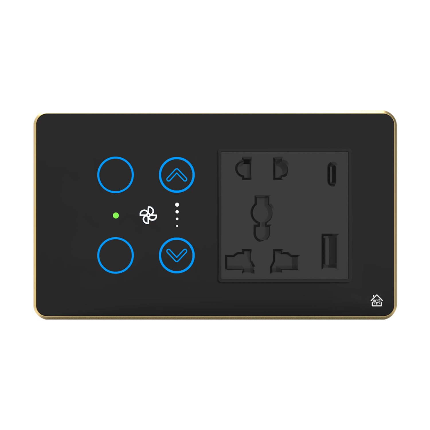 HomeMate Smart Touch Switch Panel (Black) with Golden Bezel | Edge Series | 2 Switch, 1 Fan & 1 Socket with Quick Charge USB’s |Compatible with 4 Gang Box| Works with Alexa, Google Assistant & Siri