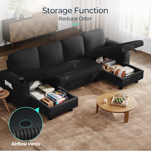 Image of LINSY HOME Sectional Sleeper Sofa Pull Out Couches for Living Room (Black, Sleeper Sofa 3) | Pull Out Sofa Bed, Storage, USB Charging, Cup Holders, Plush Corduroy