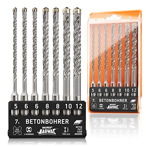 BAURIX® SDS Plus Metallbohrer-Set [7-teilig] – NARWAL® Metallbohrer – müheloses Bohren von Beton – Professionelles Metallbohrer-Set 5,6,8,10,12 mm – Länge: 160 mm – Metallbohrer Kobalt