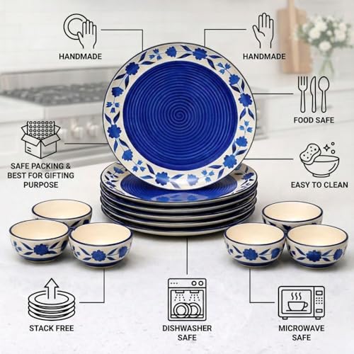 Image of Hand-Painted Floral Ceramic Dinner Set of 12 Pcs | 6 Ceramic Dinner Plate and 6 Bowl /katori | Bone Ash Free | Microwave and Dishwasher Safe - Blue