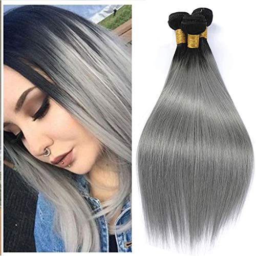 Ombre 1B/Grey Human Hair Brazilian Straight Bundle Remy Virgin Hair Cheap Bundle Grey Human Hair Extensions Weave High Quatily Wet And Wavy Hair Two Tone Hair Bundles 16 18 20 Inch