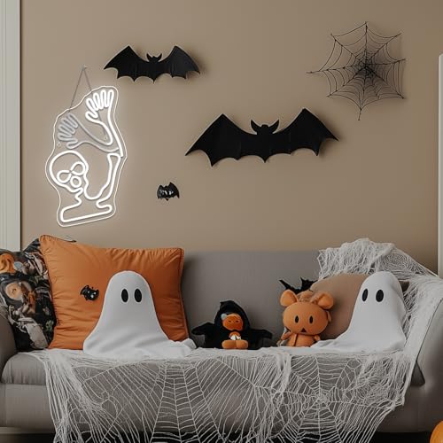 Image of Skeleton Skull Neon Sign White Halloween Waving Ghost Led Flicker Light Up Signs for Wall Decor Usb Powered Fun Lamp Neon Light Sign for Bedroom Beer Bar Man Cave Decor Birthday Halloween Party Gifts