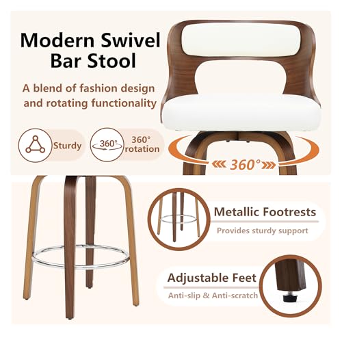 Image of Swivel Bar Stools Set of 1, 26 inch Counter Height Bar Stools, Mid-Century Modern PU Leather Modern Island Chairs with Back and Footrest, for Kitchen, Bar, Restaurant, Cafe (White)