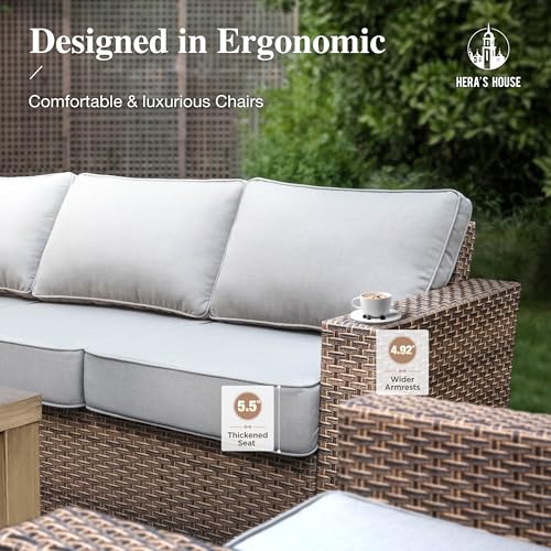 HERA'S HOUSE Swivel Glide Patio Furniture Set with 4.92" Widened Armrest Chairs, Outdoor Conversation Set, 5 Pieces Deep Seating Yellow Rattan Sofa with 5.5" Gray Cushions for Deck Garden Yard - Image 4