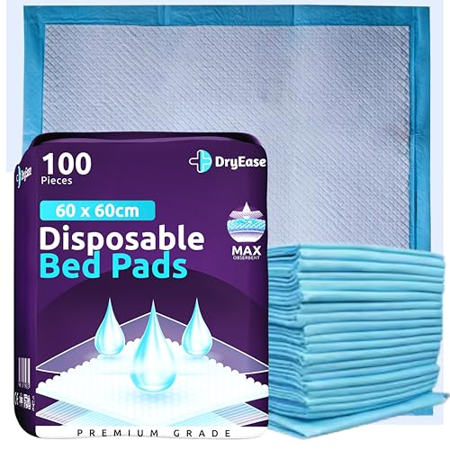 100xDryEase Disposable Incontinence Bed Pads 60 x 60cm | Highly-Absorbent Incontinence Bed Sheets | Waterproof Incontinence Sheets for Sofa, Mattress, Chair & for Babies, Children, Adults, & Elderly.