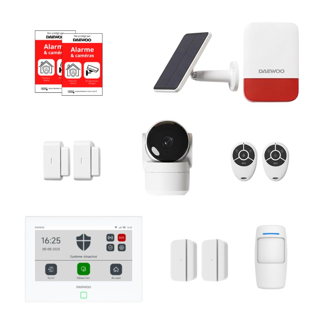 Daewoo Security Smart Protect Essential - Pack de Alarma para casa conectada con cámara HD, Sirena Exterior Solar y 4 contactores de Puerta - Compatible con Alexa & Google Home