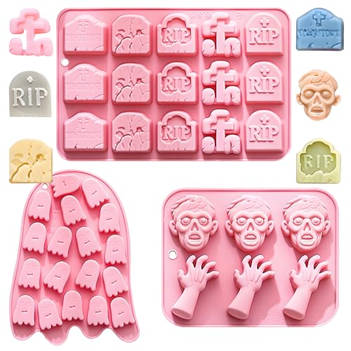 Ghost Silicone Molds, 3 Pack Halloween Chocolate Candy Molds With Tombstone Zombie Designs, For Ice Cube Soap Cookie, Pink
