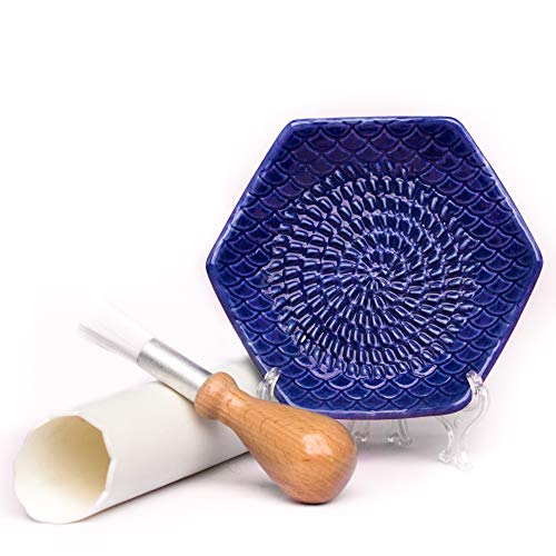 The Grate Plate 3 Piece Handmade Ceramic Garlic Grater Set - Grater Peeler Brush