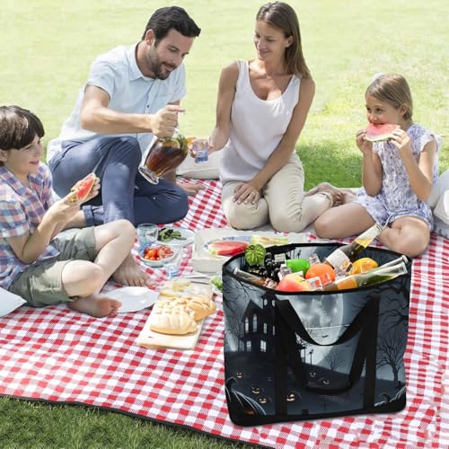 Large Insulated Reusable Tote Bag Halloween Full Moon Pumpkins for Grocery Shopping for Women Men, Cooler Bag with Zippered Top & Handles for Travel Beach Picnic3