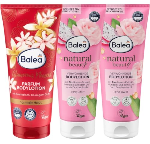 Balea 3er-Set Hautpflege: Parfum Bodylotion Glamorous Moment spendet Feuchtigkeit mit orientalisch-blumigem Duft, 200 ml + 2 x Körperlotion Natural Beauty Rose Mandelöl Drachenfrucht, 200 ml (600 ml)
