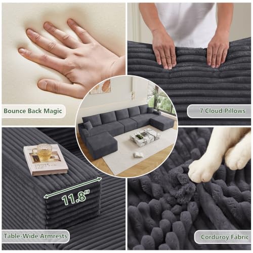 Image of Oversized Modular Sectional Sofa Couch,Large 7 Seater Corner Sofa Modern U Shaped Sectional Couch with Ottoman Cloud Couches for Living Room,Office,Spacious Space,Corduroy,No Assembly,Dark Grey