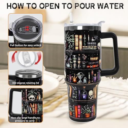 Book Lovers Gifts 40oz Halloween Book Lover Tumbler Goth Skull Bookshelf Coffee Travel Mugs Christmas Insulated Cup Gifts for Women Readers,Reading,Bookish,Librarian - Image 5