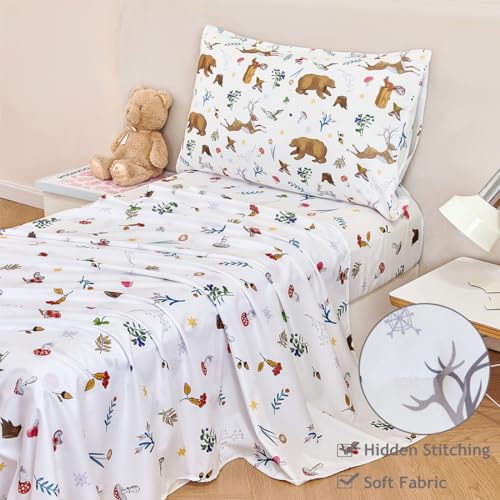 Image of PERFEMET Kids Comforter Sets Twin 4 Pieces Cartoon Woodland Animal Print Bedding for Boys Girls Soft Reversible Bear Deer Forest Theme Children Bedroom Set with Sheets for All Season Use