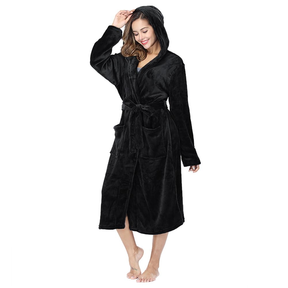 Women's Plush Hooded Robe Open-Front Long Bathrobe Soft Fleece with Pockets for Spa Loungewear&Nightwear