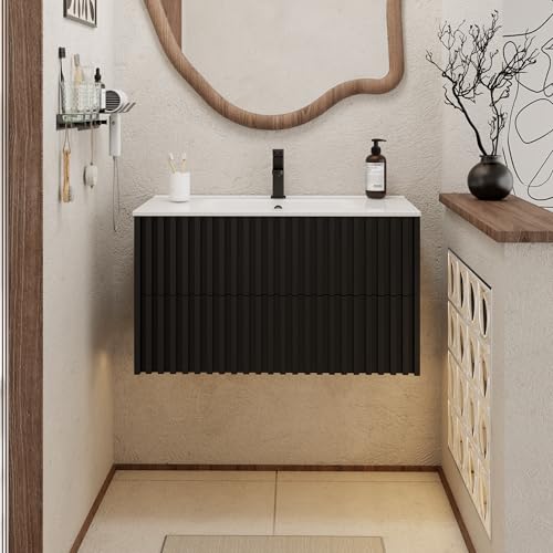 UEV Meuble Salle de Bain 90cm, Meuble Suspendu avec Lavabo en Céramique, Deux Tiroirs avec Grand Espace de Rangement, Poignée Cachée, Motif de Ligne, 90 x...