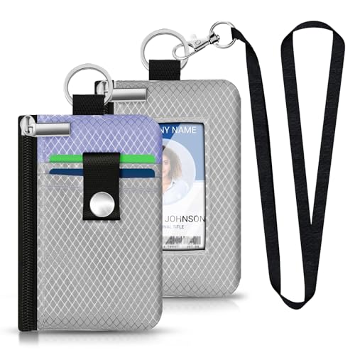 Image of Minimalist RFID Blocking Small Wallet with ID Window,WaterResistant Zip Id Case Wallet with Lanyard Keychain for Cards,Cash,Travel,Women,Men (Light Gray /Lavender Purple)