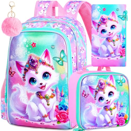 Image of 3Pcs Fox Backpack for Girls, 16 inch Kids Bookbag with Lunch Box，School Backpacks for Elementary Preschool Kindergarten (Pink)