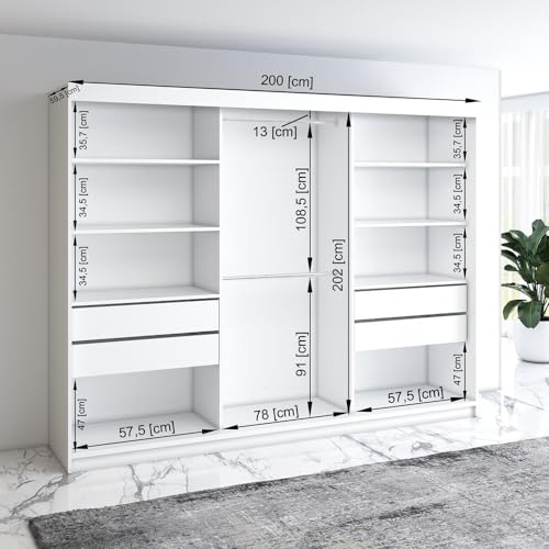 A&J MöbelLand Schwebetürenschrank IOSA Kleiderschrank 3-türig mit 4 Schubladen & 3D Lamellen, Garderobe...