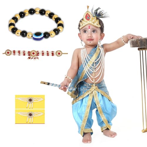 Image of Krishna Dress for Kids, Baby Krishna Dress for Janmashtami with Krishna Mukut, Peacock Feather & Flute Embroidered Krishna Costume for Girl & Boy, 3 Months-8 Years