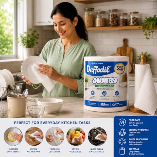 Image of DAFFODIL 2 Ply Jumbo Kitchen Towels - 500 Pulls Pack of 1 Roll | Ultra-Absorbent Kitchen Towel Roll | Long Lasting Paper Towel for Kitchen Cleaning, Oil Absorption & Household Use