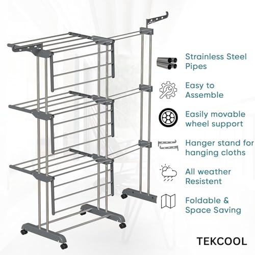 Image of TEKCOOL Expandable Clothes Drying Stand for Home|Cloth Dryer Stand with Wheel|Cloth Stand for Drying Clothes Foldable|Stainless Steel Clothes Hanging Stand|Cloth Rack for Balcony(3 Layer, Grey);