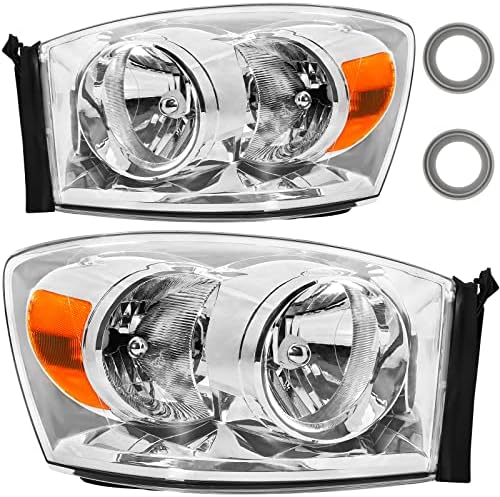 Bincmay Anti-fogging Headlight Assembly Fit For 06 07 08 2006 2007 2008 Dodge Ram 1500, 06 07 08 09 2006 2007 2008 2009 ram 2500/3500 Driver And Passenger Side (Chrome Housing Amber Reflector)