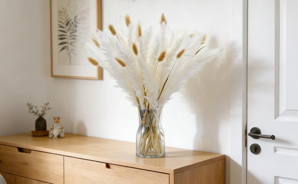 Ramo de hierba pampas seca blanca y cola de conejo, 30 piezas miniatura 6