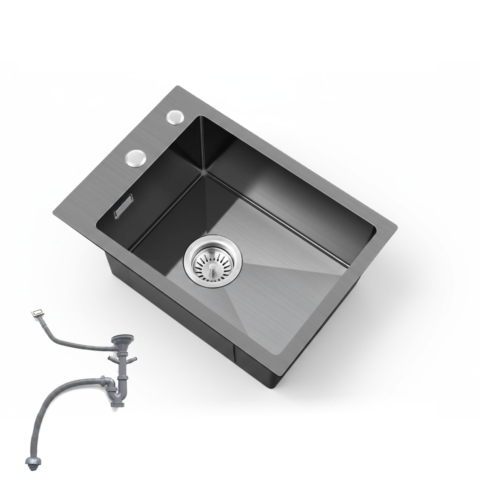 OUGOO Handmade 304 Stainless Steel Black Kitchen Sink, 35x50cm (Inner 30x40cm) Small Single Bowl Sink with Complete Drain Waste Kit (Trap Included), Top/Flush-Mount, 2 Tap Holes, Gunmetal Black — image 1