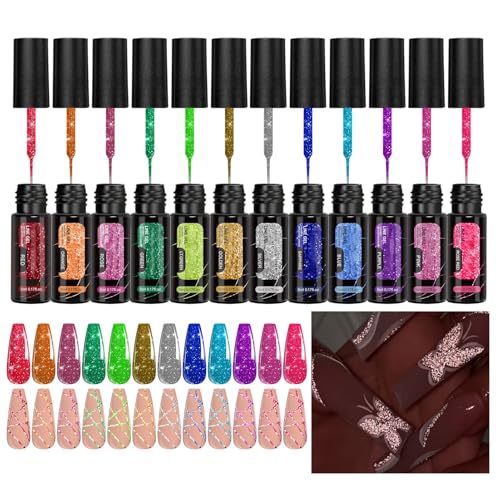 Esmalte De Uñas Gel Con Purpurina - Esmalte Decorativo en 12 Colores - Manicura Reflectante Duradera Para Diseño Artístico En Fiestas Y Vacaciones