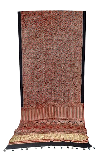 Image of Ethnics of Kutch Womens Ajrakh Modal Silk Natural Dye Golden Border Hand Block Print Saree with Blouse Piece - 5.5 Mtr Length (Red 05C01D)