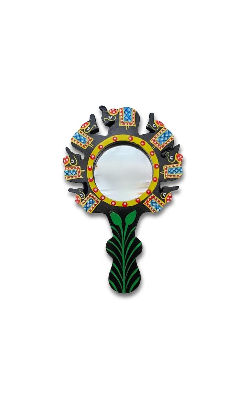 Hand-Painted Wooden Hand Mirror with Elephant Design | Decorative Handheld Vanity Mirror | Traditional Wooden Makeup Mirror for Home Décor & Gifting-image-39