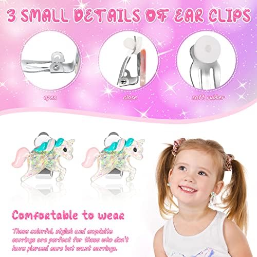 6 Pairs Kids Clip On Earrings for Girls Bling Unicorn Flower Heart Earrings No Pierced Princess Play Earrings Girls Dress Up Jewelry Set for Kids