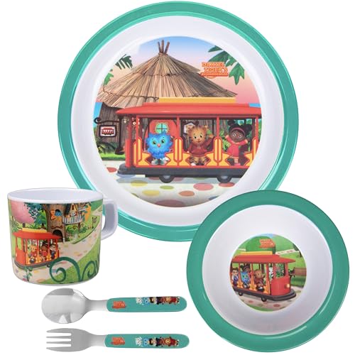 Daniel Tiger 5 Pc Mealtime Feeding Set for Kids and Toddlers - Includes Plate, Bowl, Cup, Fork and Spoon Utensil Flatware - Durable, Dishwasher Safe, BPA Free (Green)