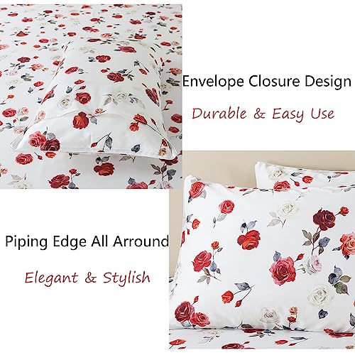 Image of FADFAY Rose Sheets Set Queen Vintage White Rose Floral Bedding Chic Red Rose Bed Sheets Shabby Farmhouse Bedding 100% Percale Egyptian Cotton 800 Thread Count Deep Pocket Fitted Sheet 4Pcs,Queen Size