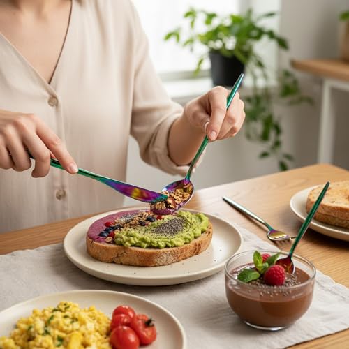 Image of 24 Pcs Rainbow Slim Handle Stainless Steel Cutlery Set for Dining Table with Spoons and Forks Set + Butterknives - The Perfect Tableware /Flatware