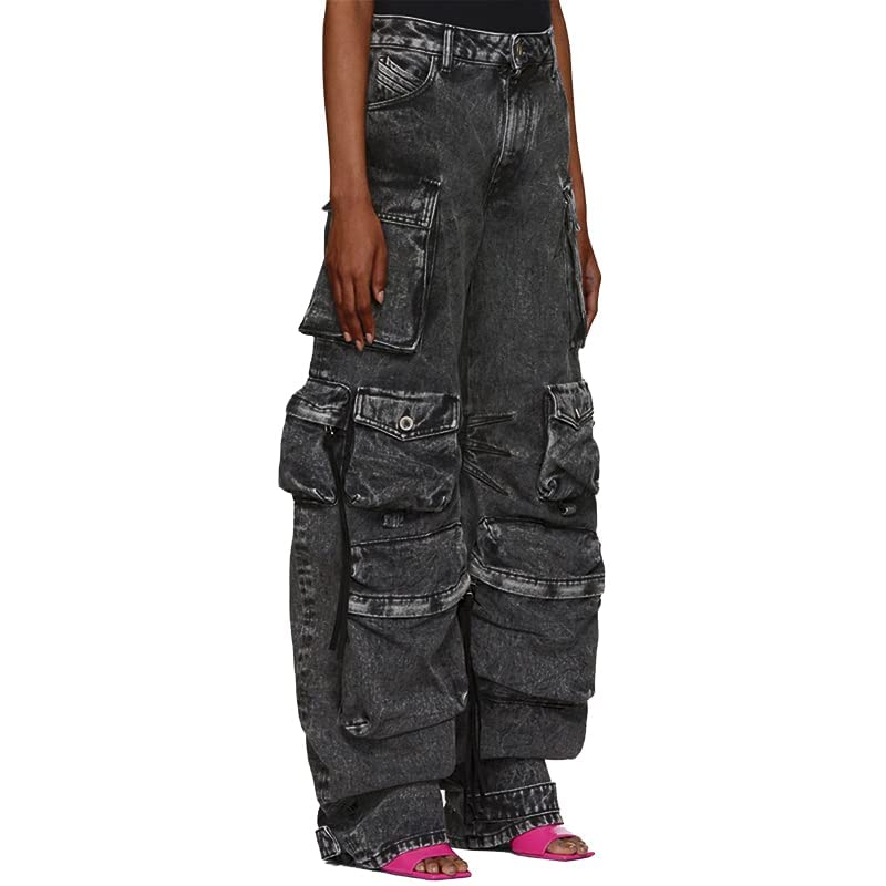 Costaric Womens High Waisted Baggy Cargo Jeans Straight Wide Leg Y2K Cargo Denim Pants with Flap Pockets
