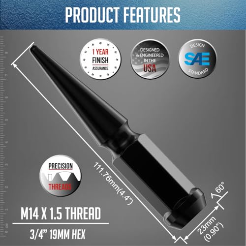 Image of Wheel Accessories Parts 24 Pcs + 1 Key M14x1.50 14x1.50 Thread Spike Hex 4.40 inch Long Lug Nuts Black 3 /4 inch 19mm Hex Fits Chevy Silverado GMC Sierra Ford F-150 RAM 1500