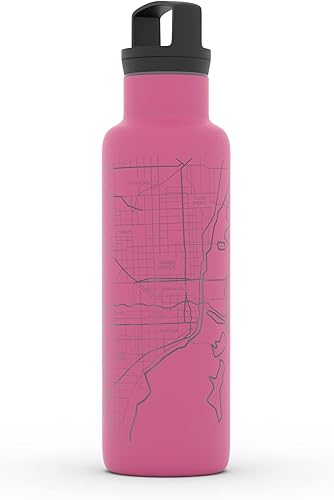 Miniatura 849 de Well Told Botella de agua aislada con mapa Chicago Illinois, grabado de acero inoxidable (21 onzas, gris muelle) botella aislada de mapa